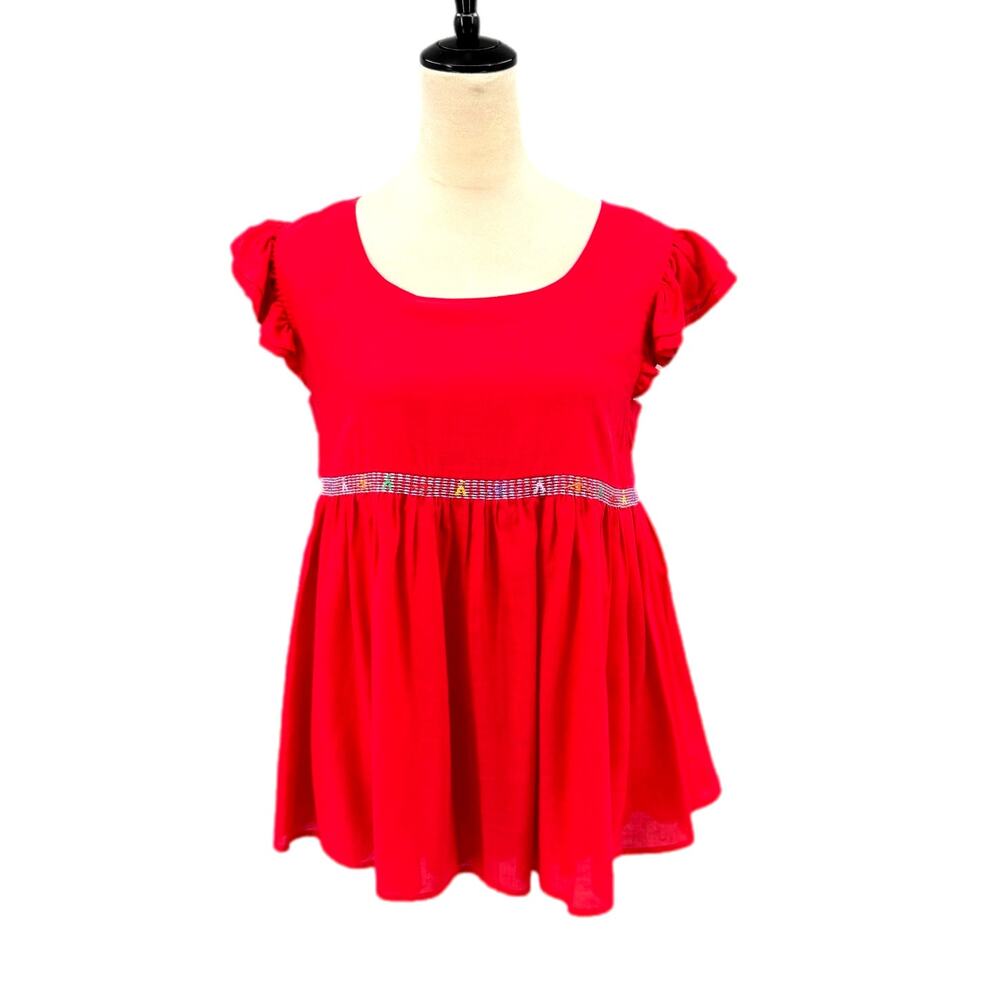 J. Marie Ruffle Short Sleeve Button Back Peplum Multi Color Waist Band Blouse